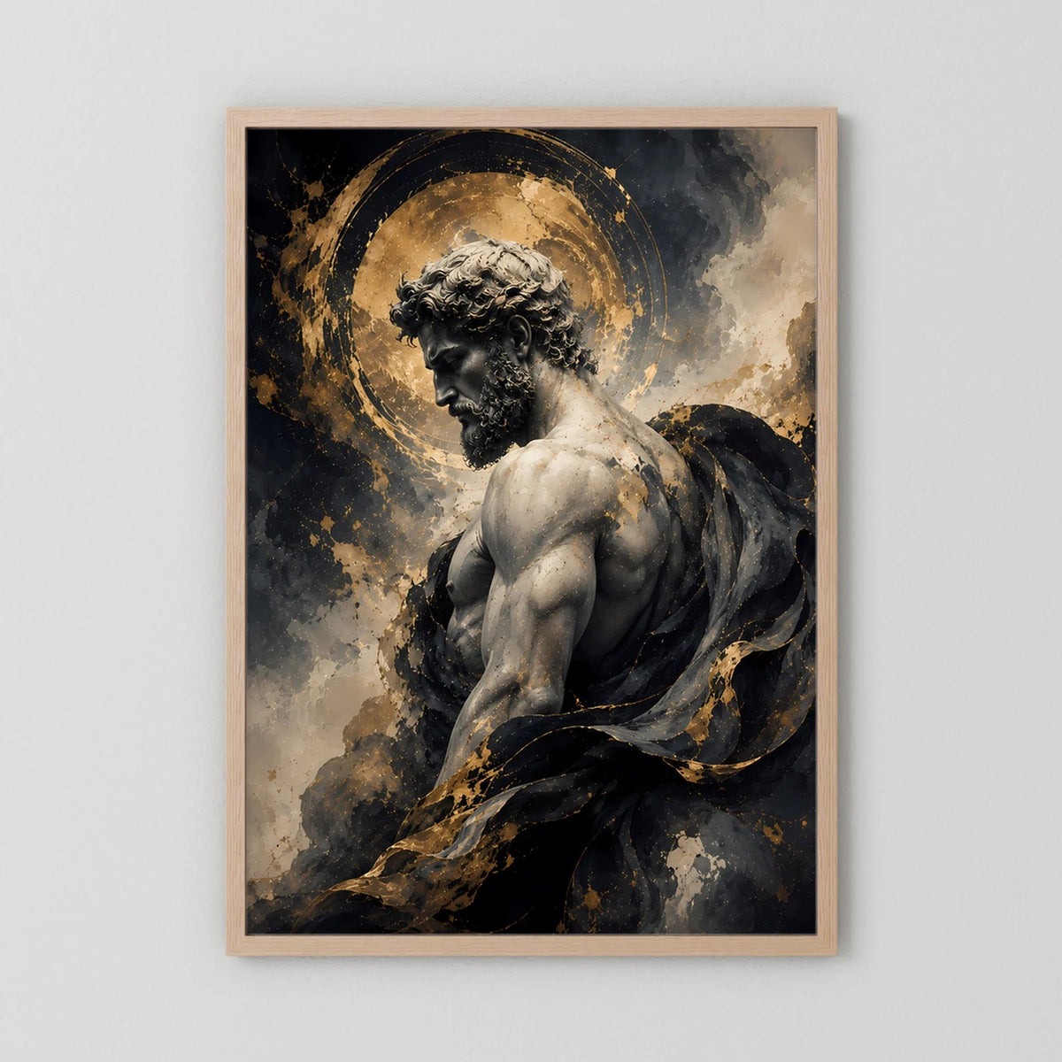 Hochformatiges Poster mit Statue im Goldkreis: schwarzer Mantel, goldene Sprenkel und Lichtkranz.