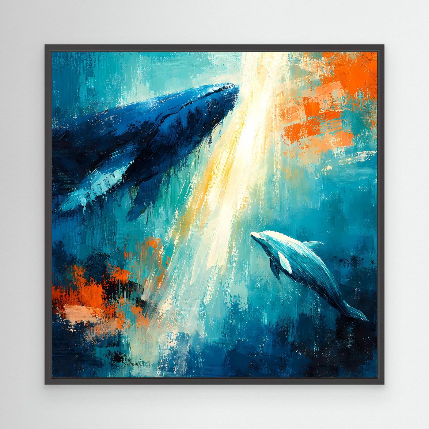 Leinwand Majestätischer Wal und Delfin im Lichtstrahl | Abstraktes Meeres Wandbild
