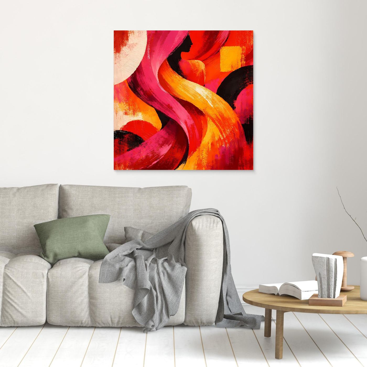 Abstraktes Leinwandbild mit Frauensilhouette in Rot/Orange, klein an der Wand mit ggf. dunklem Rahmen.