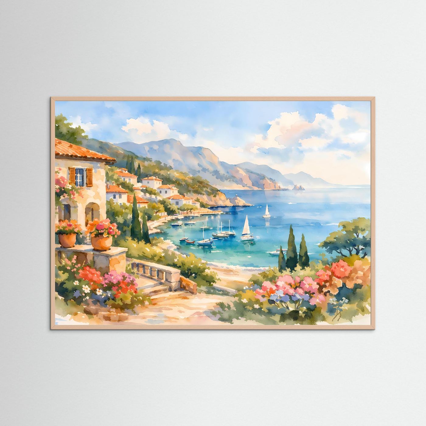Mittelmeer Küstendorf im Aquarell-Stil | Mediterranes Panorama Poster Querformat