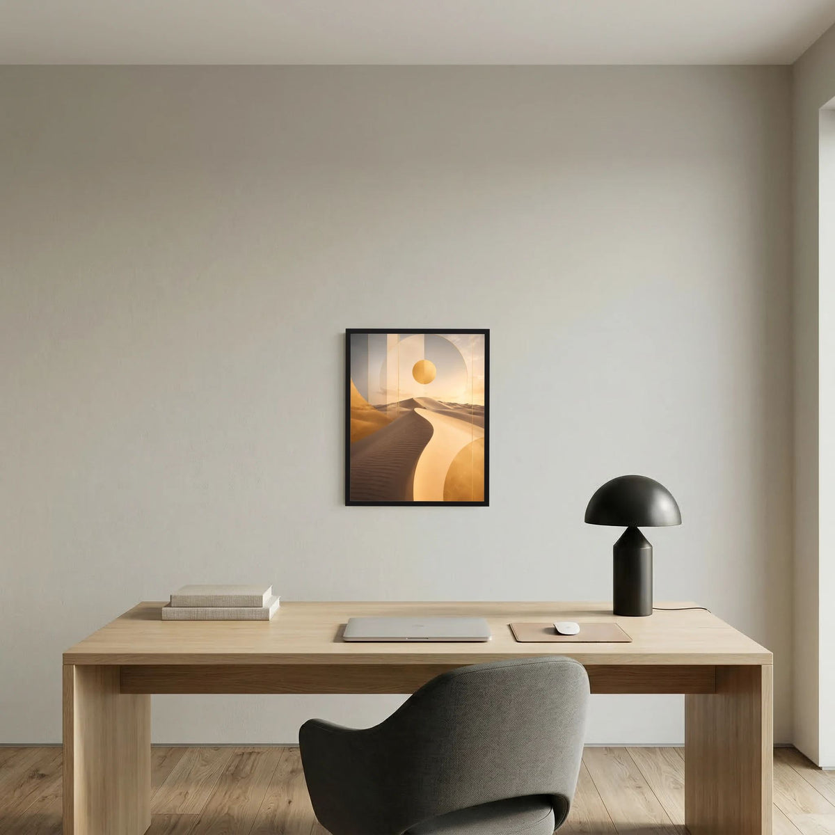 Kleines gerahmtes Poster mit abstrakten Dünen und goldener Sonne