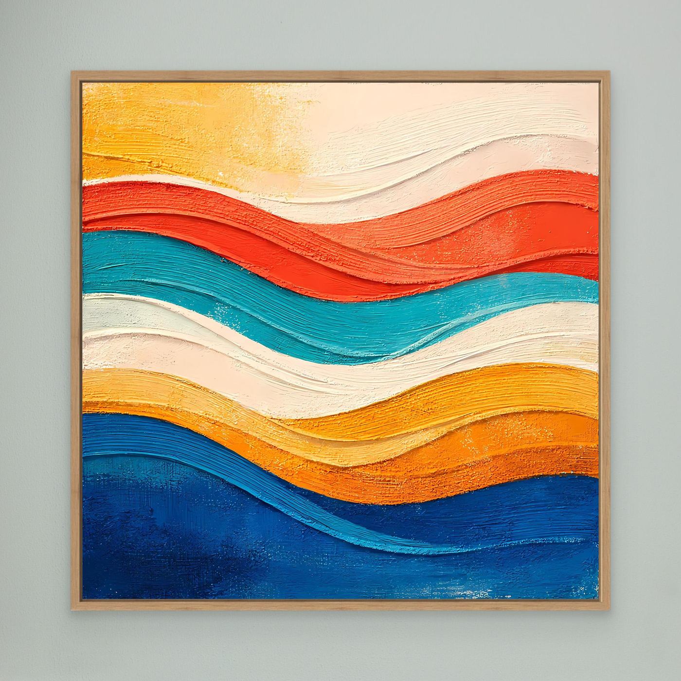 Abstraktes Leinwand-Wandbild mit Relief-Wellen in Gelb, Rot, Blau und Türkis, Eichenrahmen