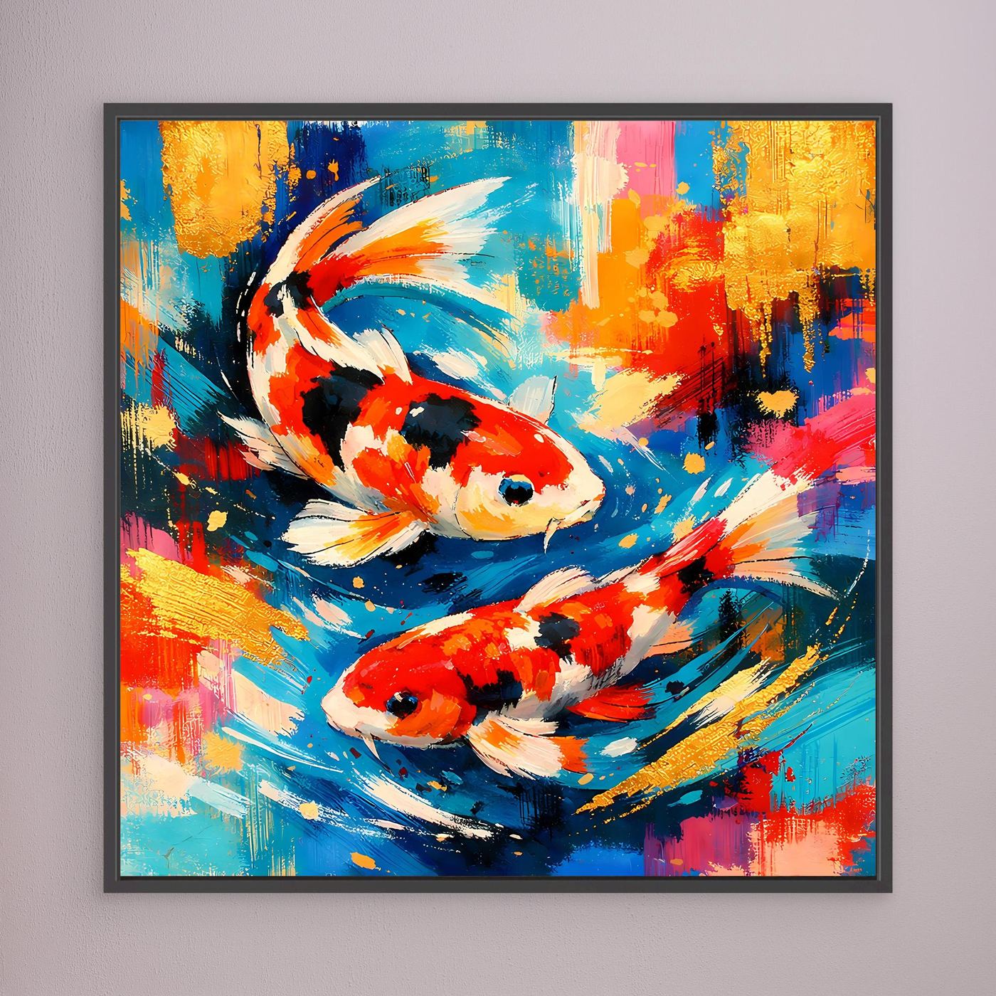 Leinwandbild mit bunten Koi-Fischen im abstrakten Pinselstil, schwarz gerahmt