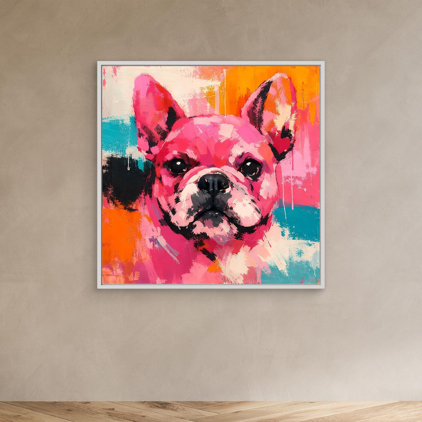 Abstract French bulldog painting with white frame, pink and orange abstract background