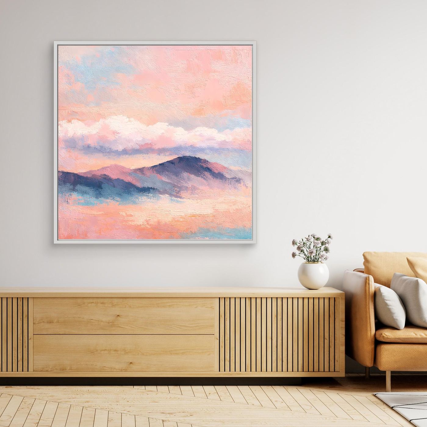 Gerahmtes Leinwand-Wandbild mit pastellfarbenen Bergen und Himmel im Sonnenuntergang