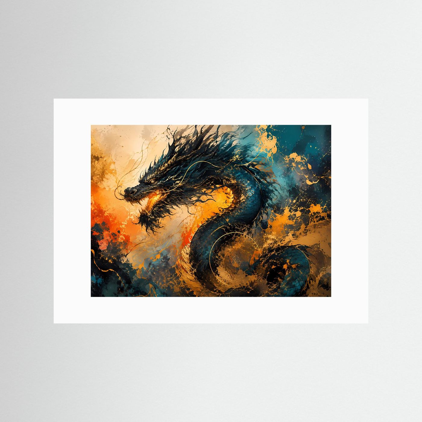 Fantasy-Poster Querformat mit dunklem Drachen, orange-blaue Spritzgrafik, mit weißem Passepartout