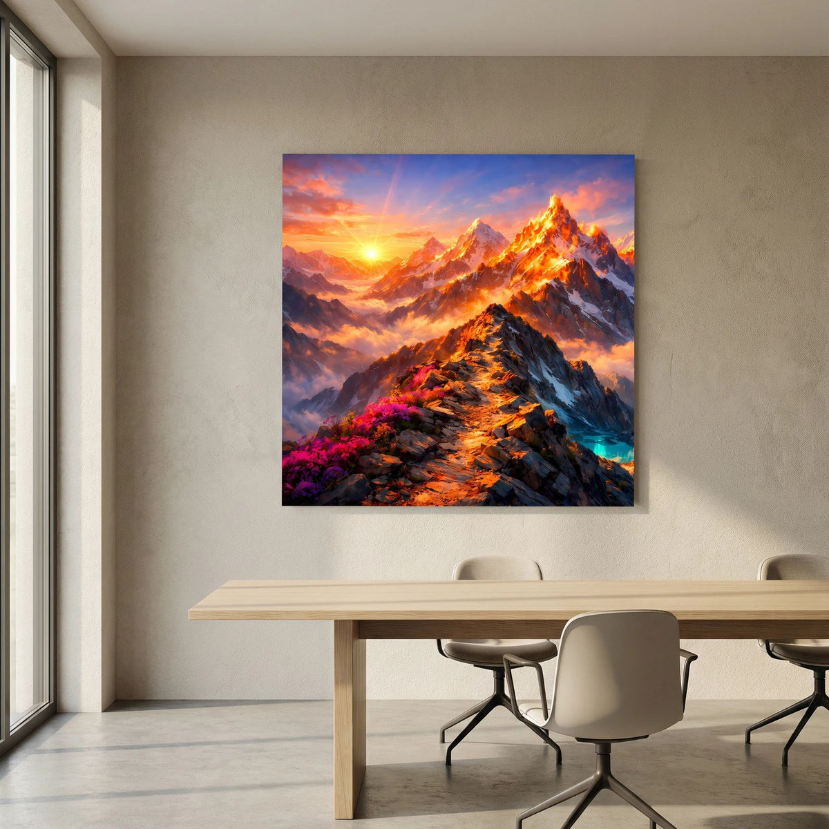 Leinwandbild auf Holzkeilrahmen, Blick auf Sonnenuntergang zwischen Felsen und Nebel.