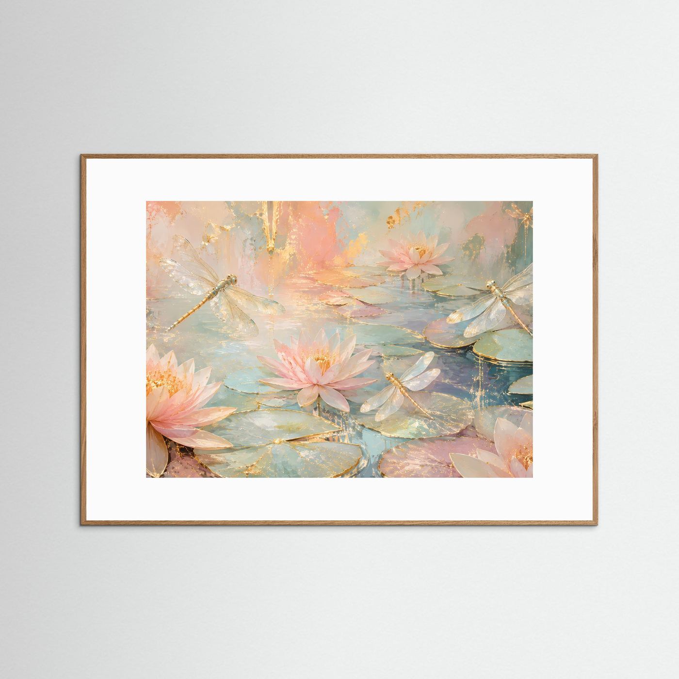 Pastell-Wandbild mit Seerosen, Libellen und Lotusblüten im Teich, in braun-weißem Rahmen