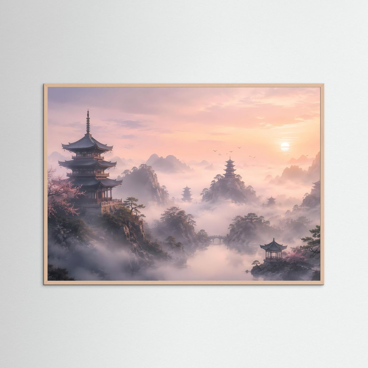 Querformat-Poster in rosafarbenem Holzrahmen mit asiatischer Pagodenlandschaft und Morgennebel