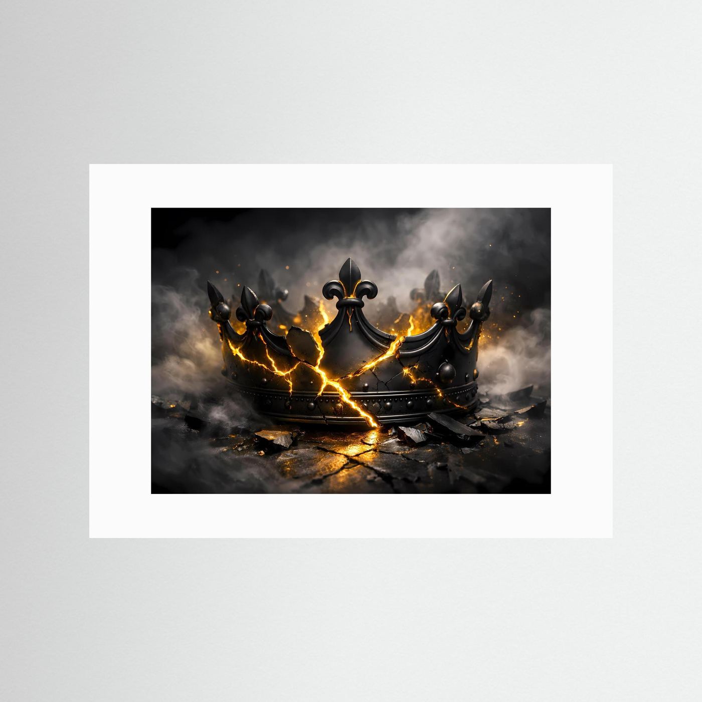 Wandposter mit zerbrochener schwarzer Krone und goldenen Leuchtlinien, weiß gerahmt