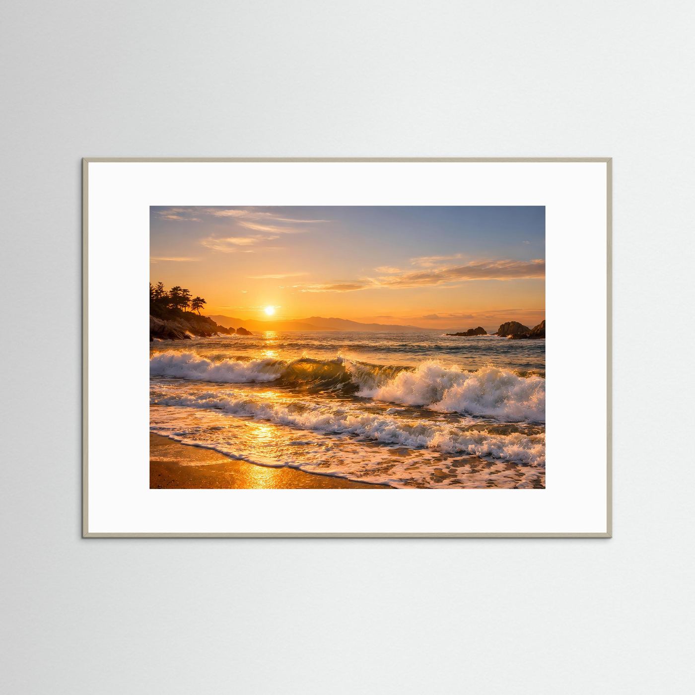 Goldener Sonnenuntergang an der Küste | Panorama Wellen & Strand Poster Querformat