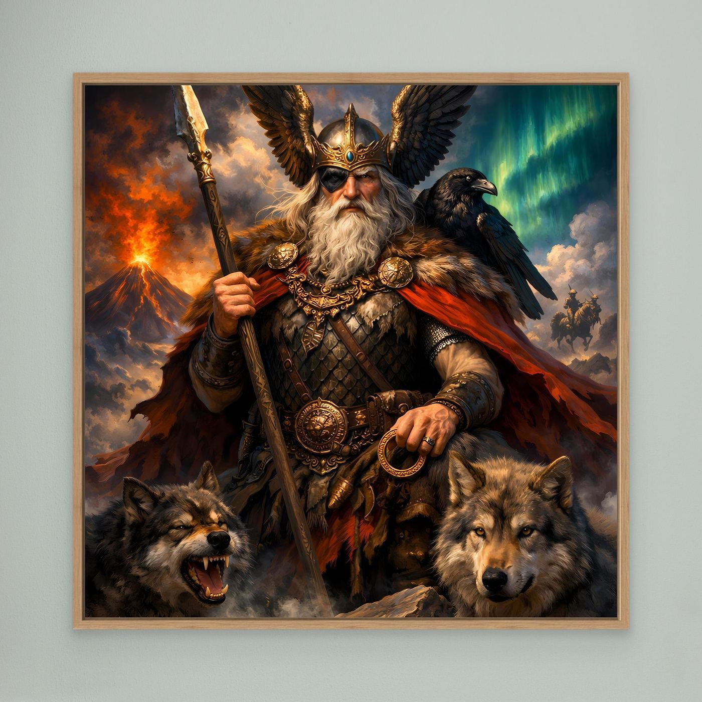 Leinwand Göttervater Odin mit Wölfen und Rabe | Mythologisches Wikinger Wandbild