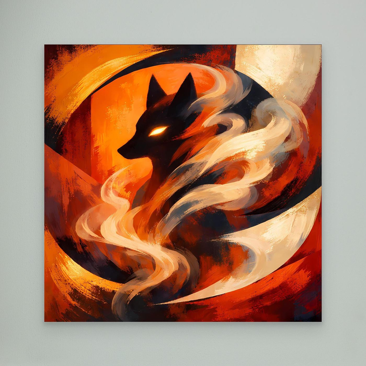 Leinwand-Wandbild mit schwarzem Wolfskopf und wirbelndem Feuernebel in Orange und Rot