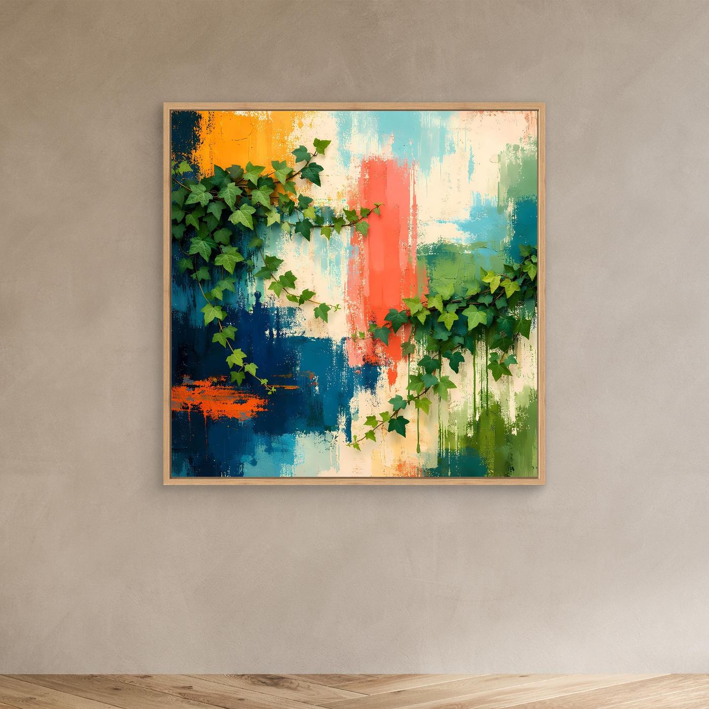 Leinwand-Wandbild mit Efeuranken, grüne Blätter auf abstraktem Blau-Grün, Eichenrahmen