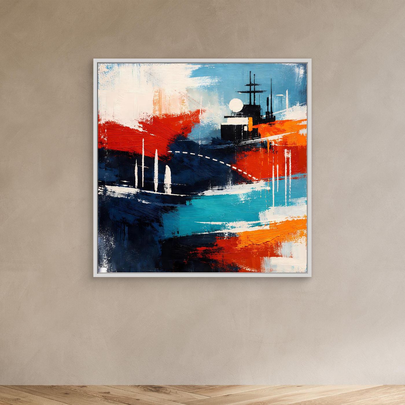 Abstraktes Leinwand-Wandbild mit Schiff in Blau, Rot und Türkis, weißer Rahmen