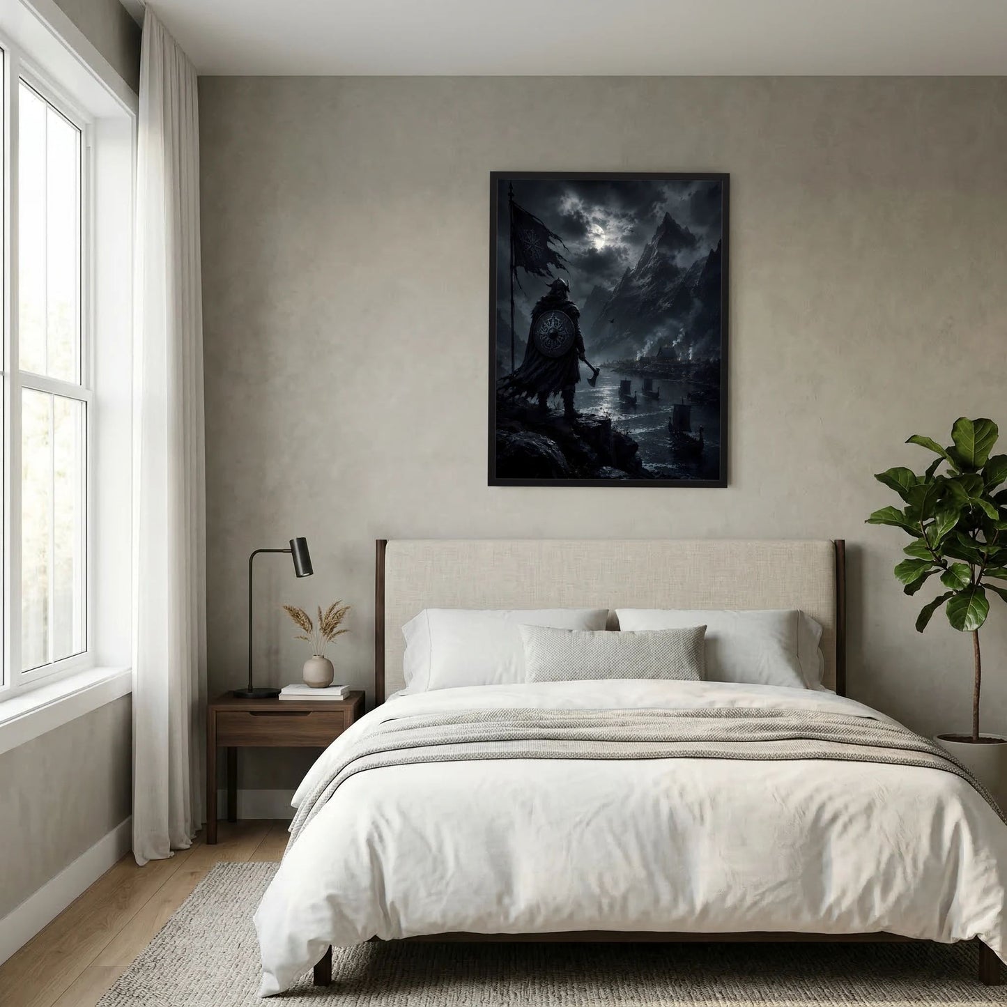 Poster im Hochformat mit Wikinger-Figur im dunklen Mondlicht, schwarzer Rahmen