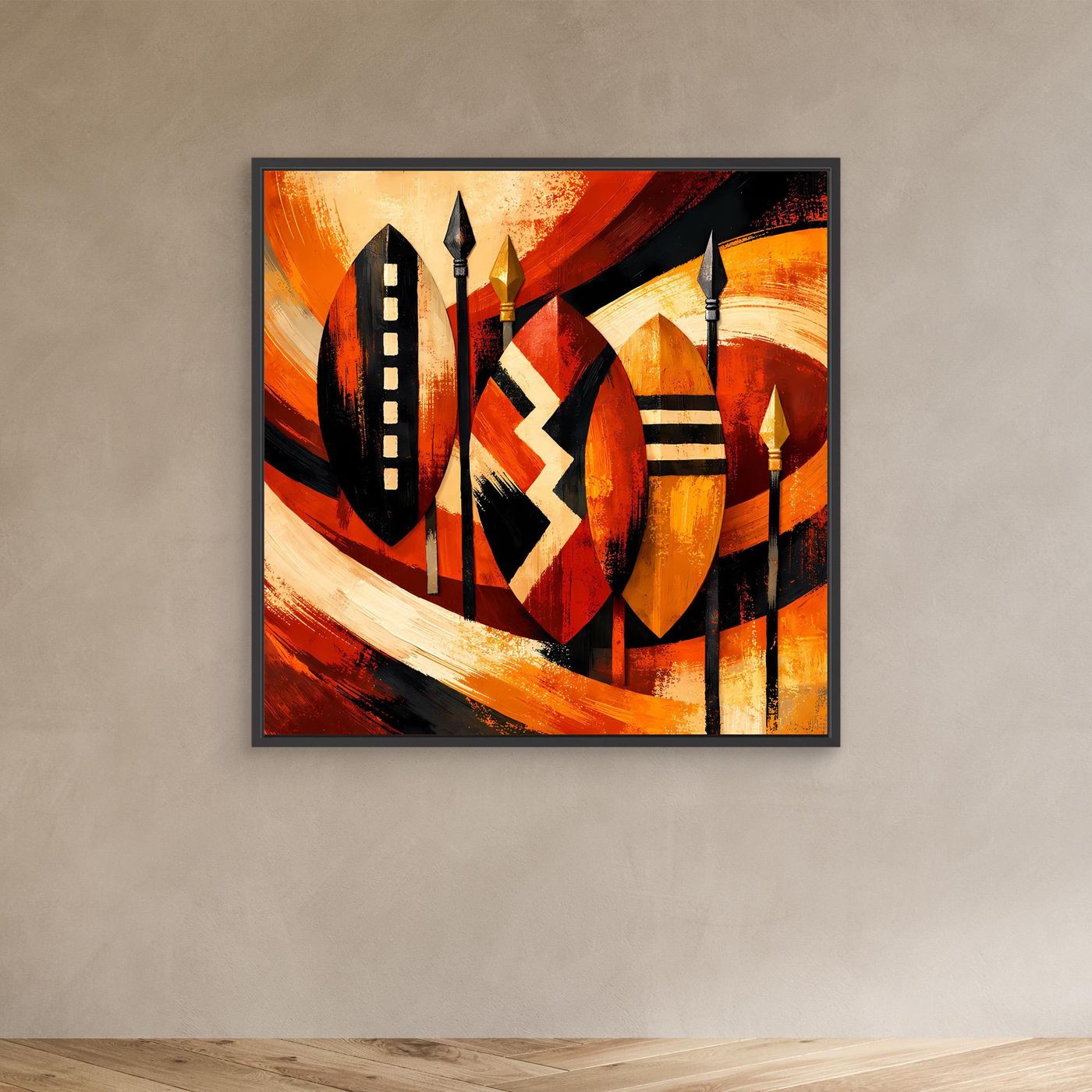 Leinwandbild afrikanische Schilde, warmes Rot-Orange, schwarze Silhouetten und weiße Akzente