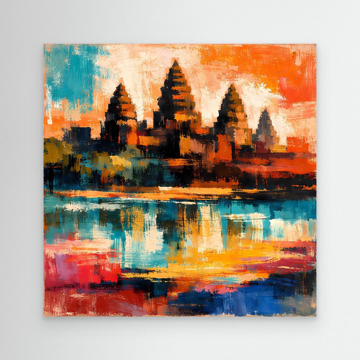 Leinwand-Wandbild mit abstrakter Maya-Pyramide, bunten Orange-Blau-Tönen und Spiegelung