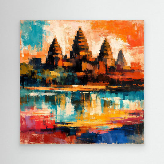 Leinwand-Wandbild mit abstrakter Maya-Pyramide, bunten Orange-Blau-Tönen und Spiegelung