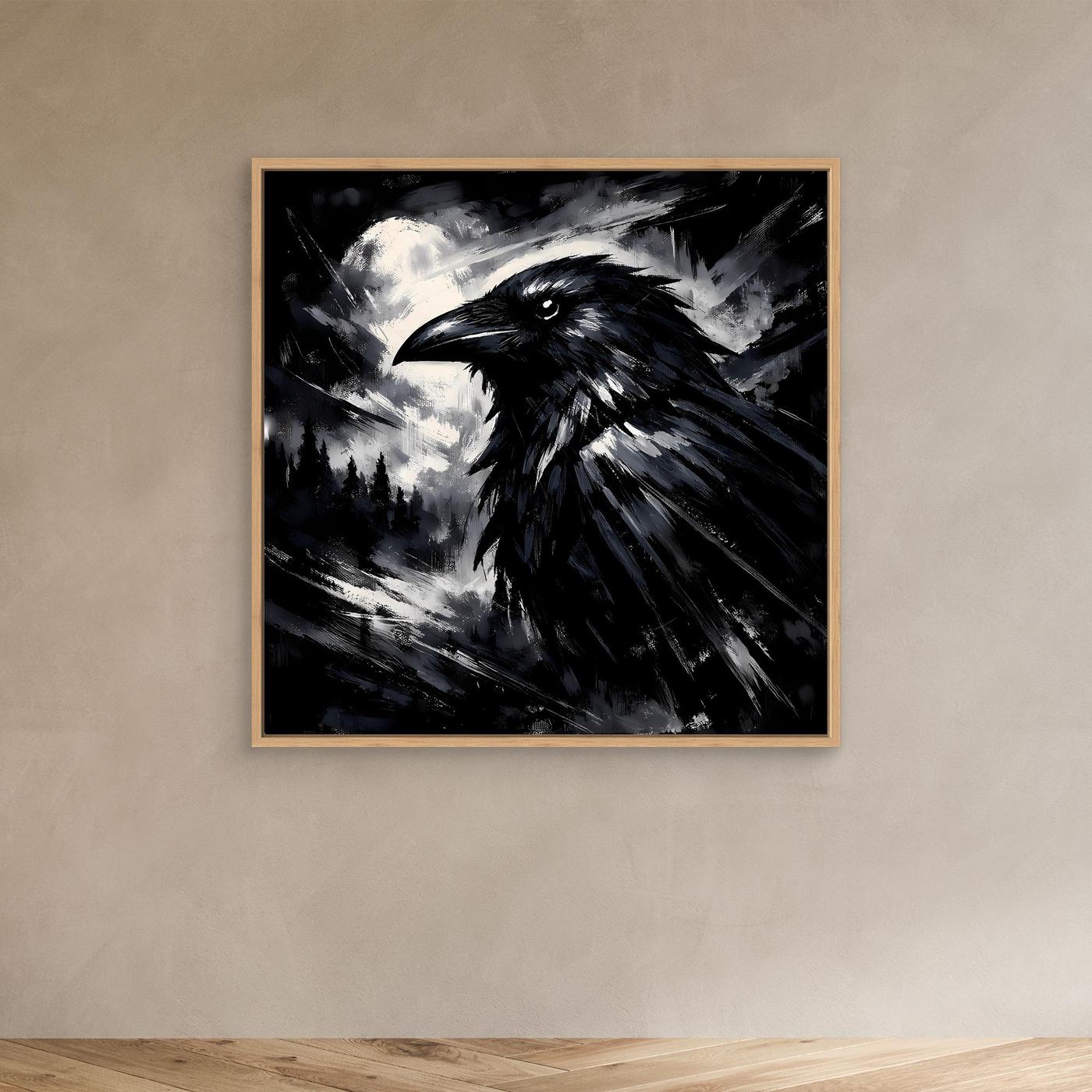 Abstraktes Leinwandbild mit schwarzem Raben im Vollmond-Stil, Holzrahmen Eiche
