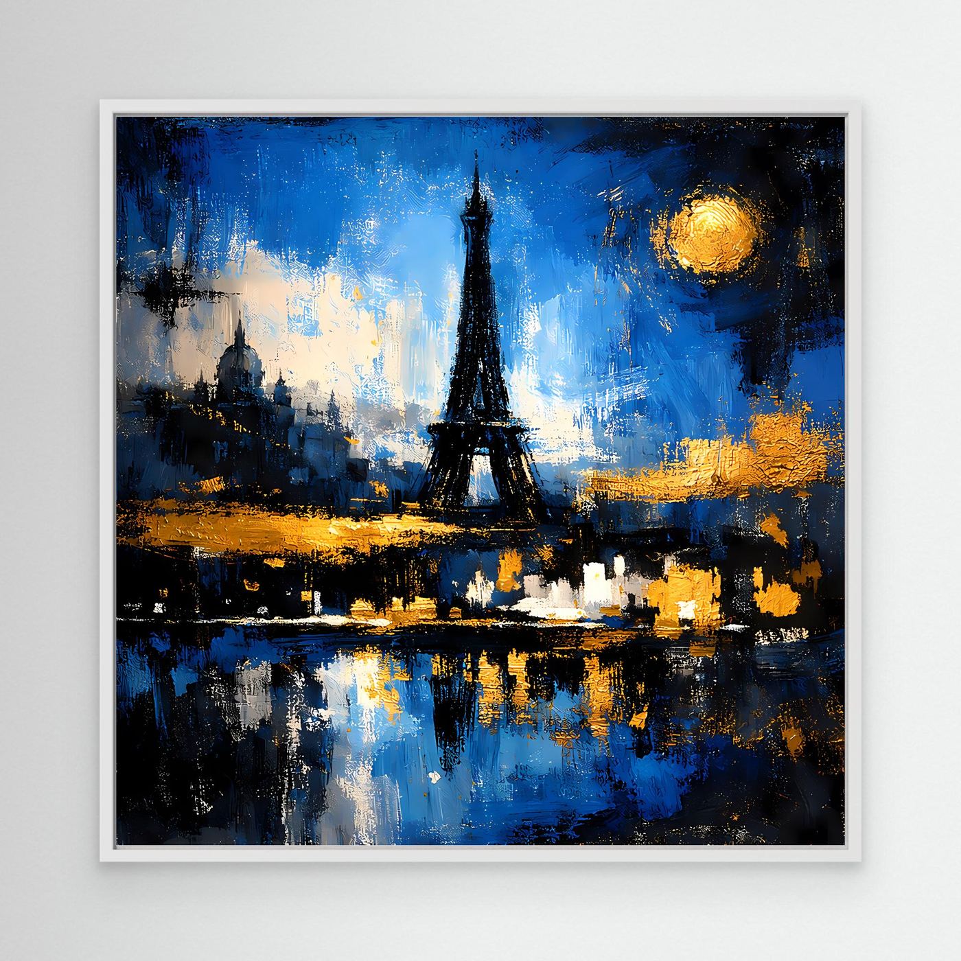 Abstraktes Wandbild mit weißem Rahmen: Eiffelturm bei Nacht, gelber Mond, reflektierende Farben
