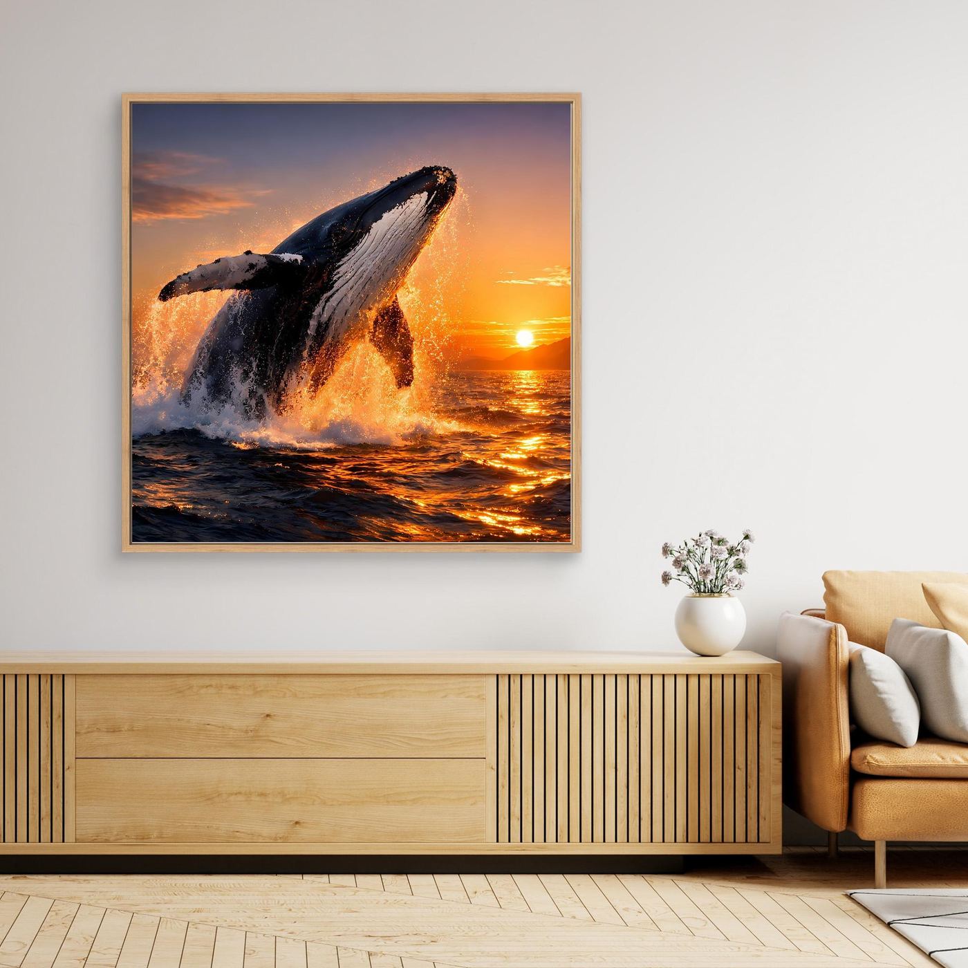 Leinwandbild mit springendem Buckelwal, goldfarben gerahmt, Sonnenuntergang über See