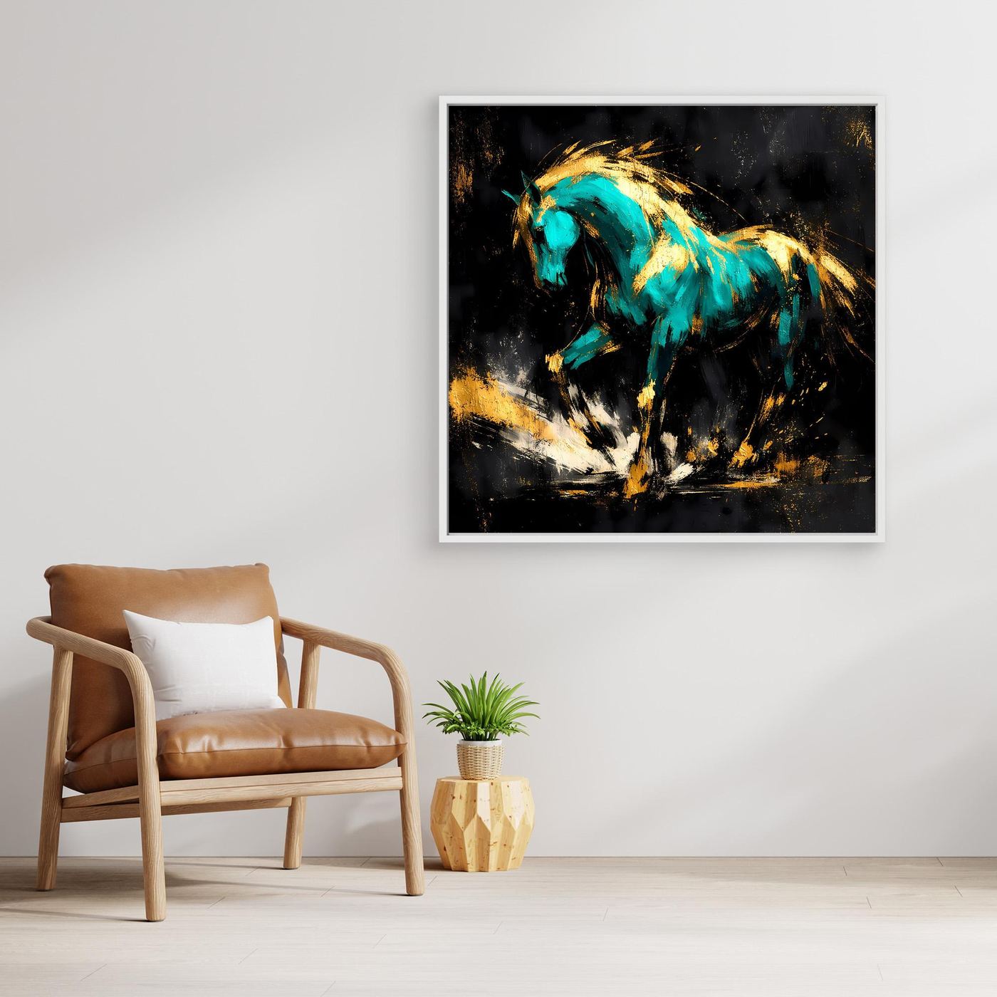 Leinwand Kraftvolles Pferd in Türkis und Gold | Modernes Abstraktes Wildtier Wandbild