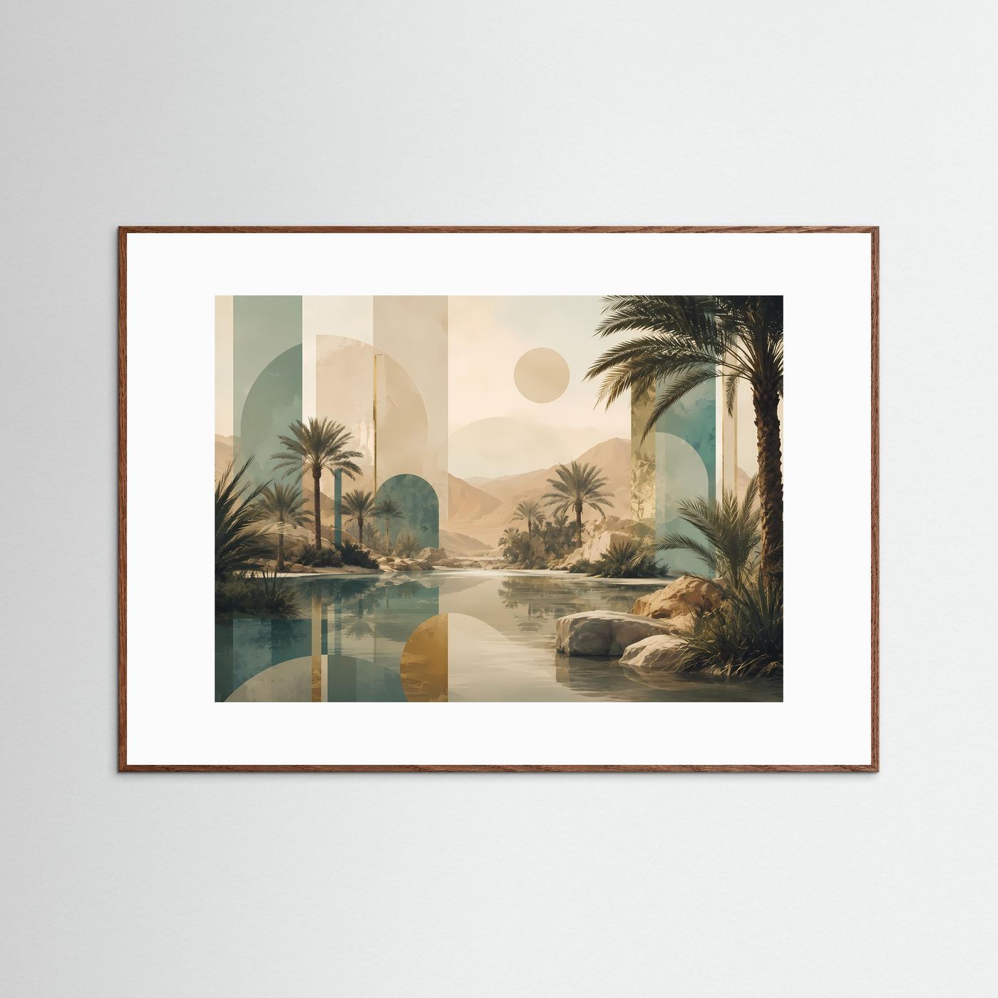 Gerahmtes Wandbild mit braunem Holzrahmen: Palmen-Wüstenlandschaft in Beige und Türkis