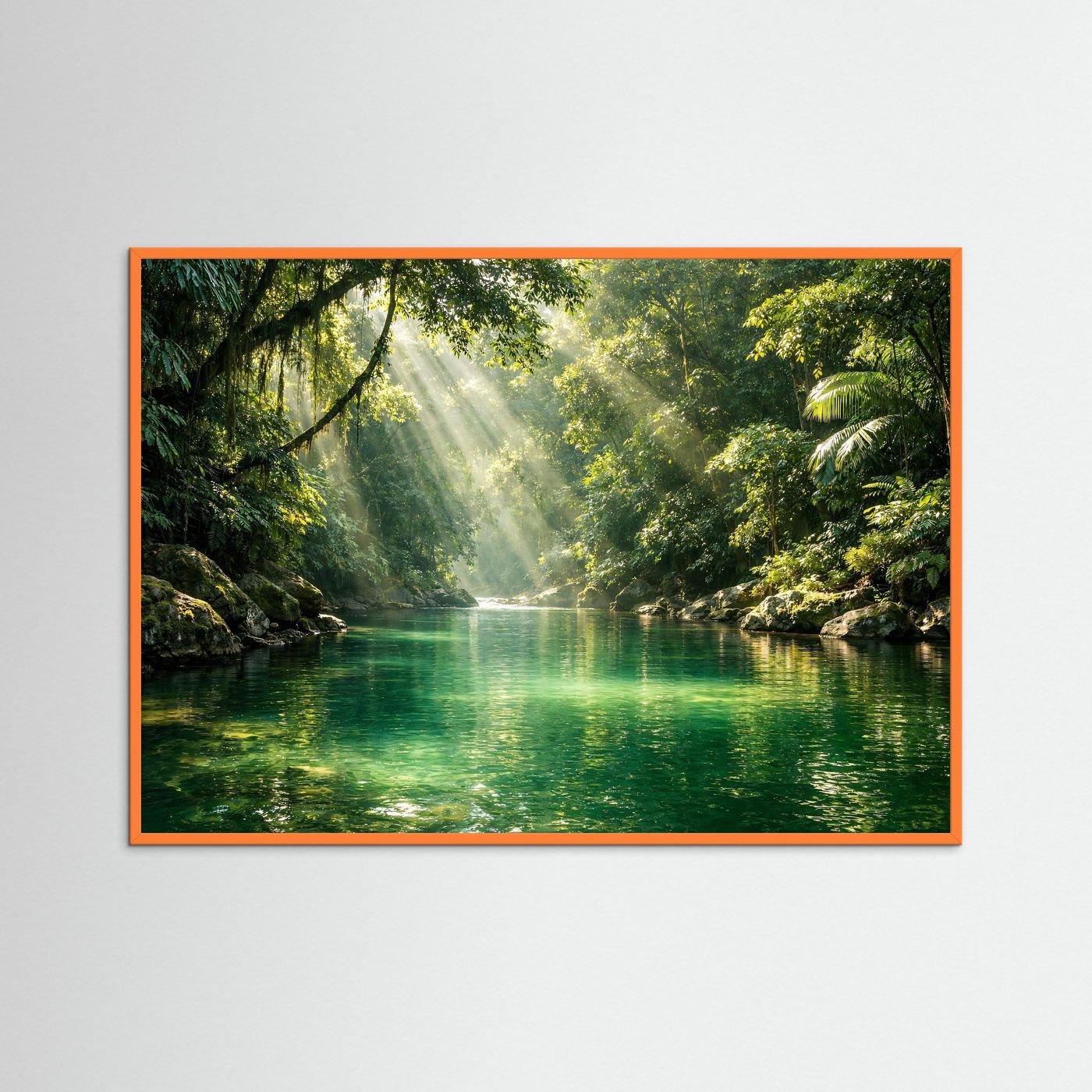 Poster mit Dschungel-Flusslandschaft, grüner Fluss, Sonnenstrahlen, orange Rahmen