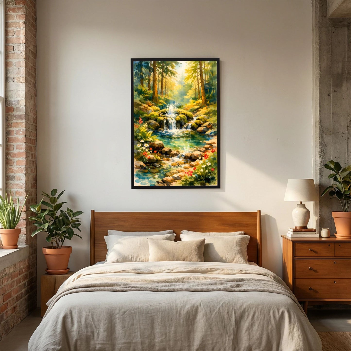 Wandposter im Hochformat: Aquarell-Wald mit Wasserfall, Bach und Blumen, brauner Rahmen.