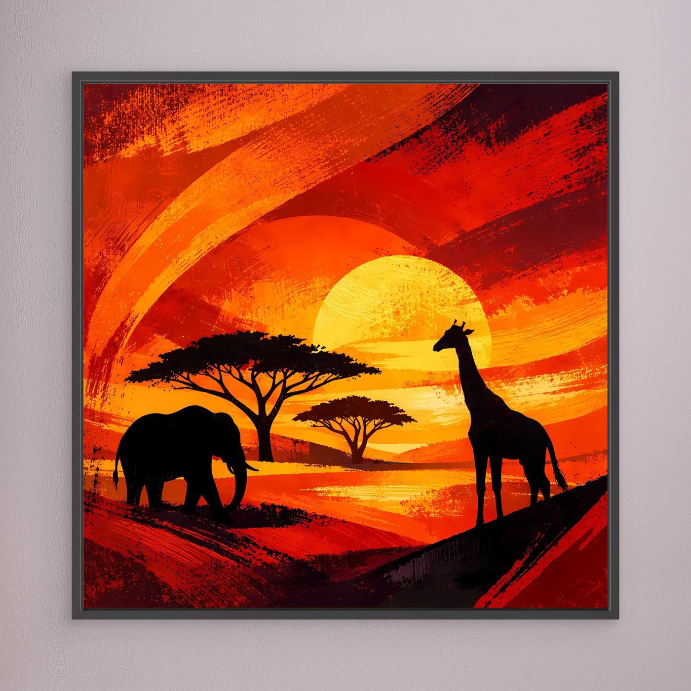 Gerahmtes Leinwandbild im dunklem Rahmen: Elefant- und Giraffensilhouetten, orangefarbener Sonnenuntergang