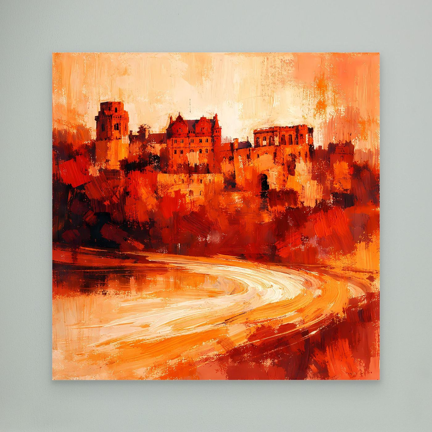 Leinwand Heidelberger Schloss im Abendlicht | Abstraktes Rot‑Ocker Wandbild mit Struktur und Tiefe