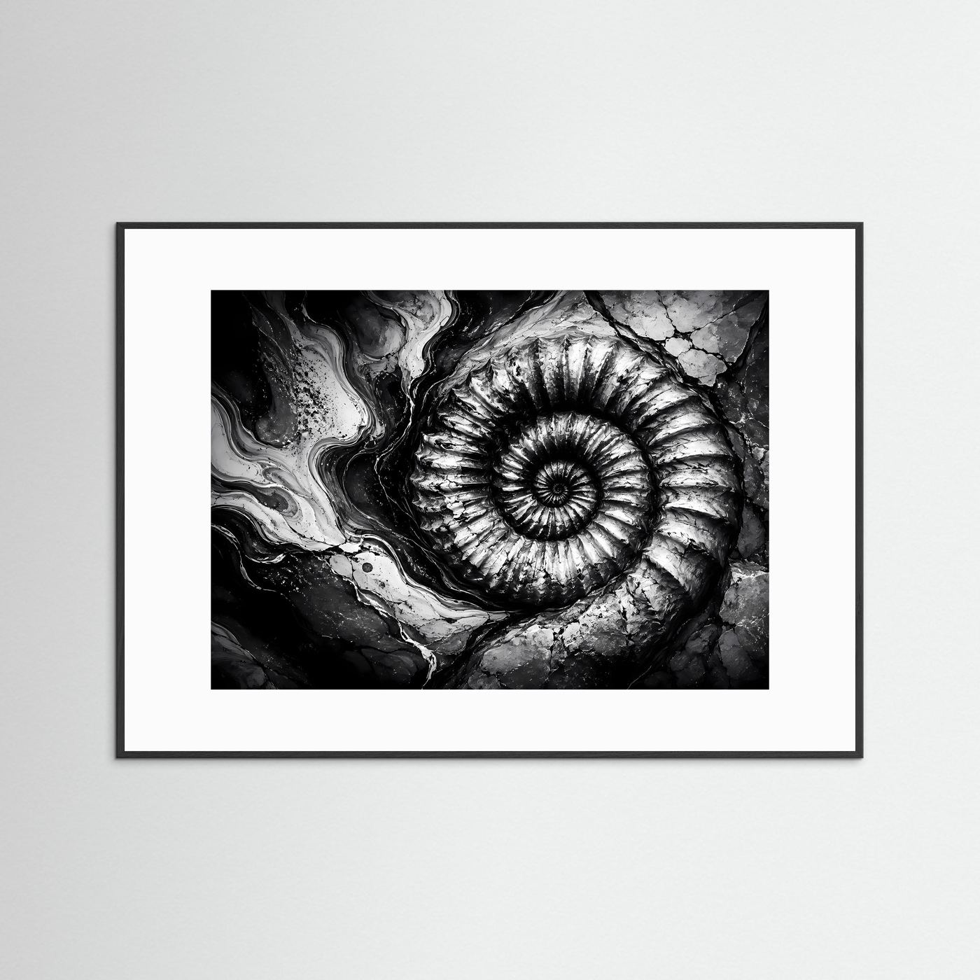 Ammonit Fossil Schwarz Weiß Poster | Geologische Wandkunst | Makro Fossilien Kunst | Monochrome Natur Fotokunst | Moderne Leinwand