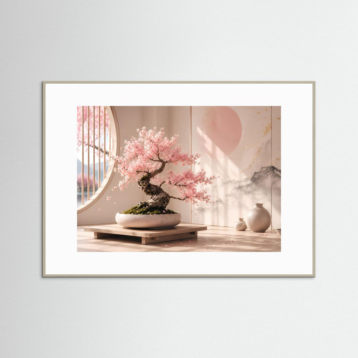 Gerahmtes Poster im Querformat mit Sakura-Bonsai, rosafarbenen Blüten und Deko-Schale.