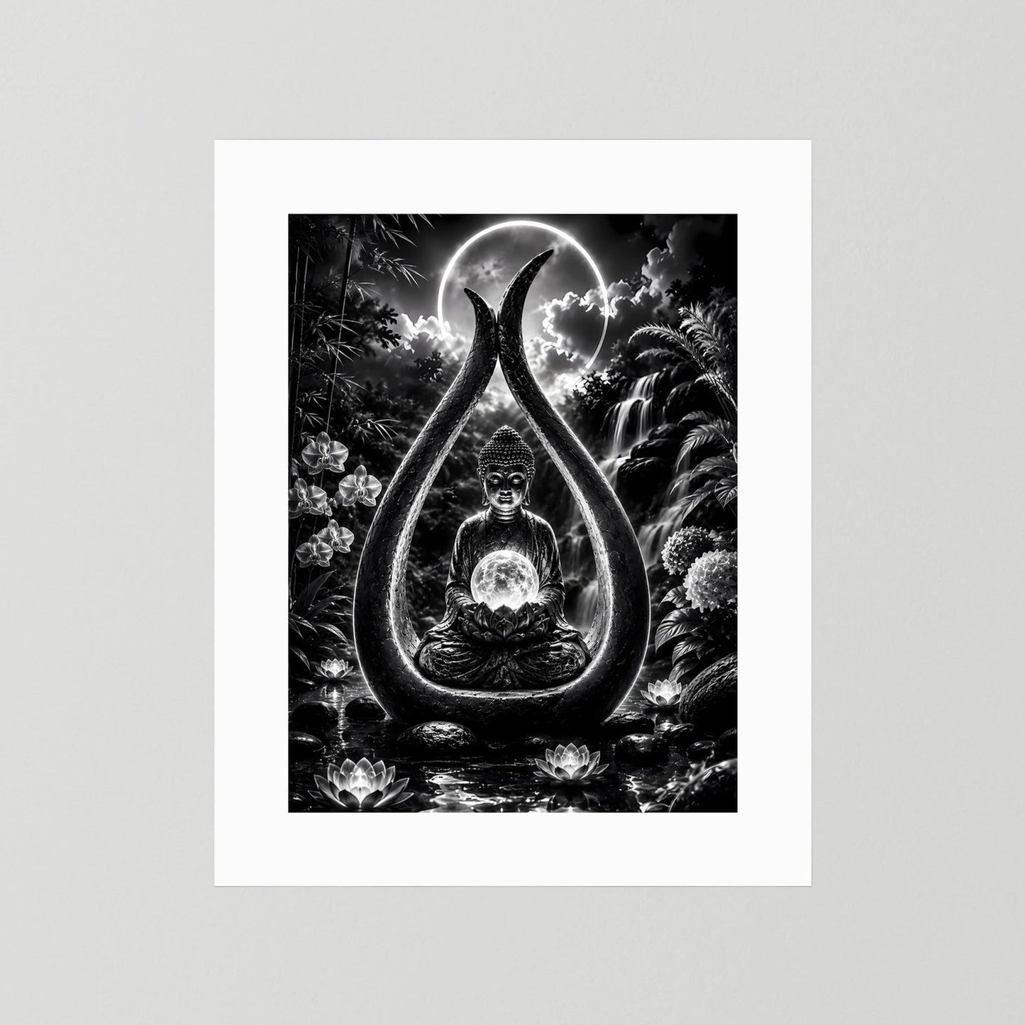 Hochformatiges Zen-Poster mit sitzendem Buddha im Tropfen-Motiv, Schwarzweiß, mit weißem Rand.