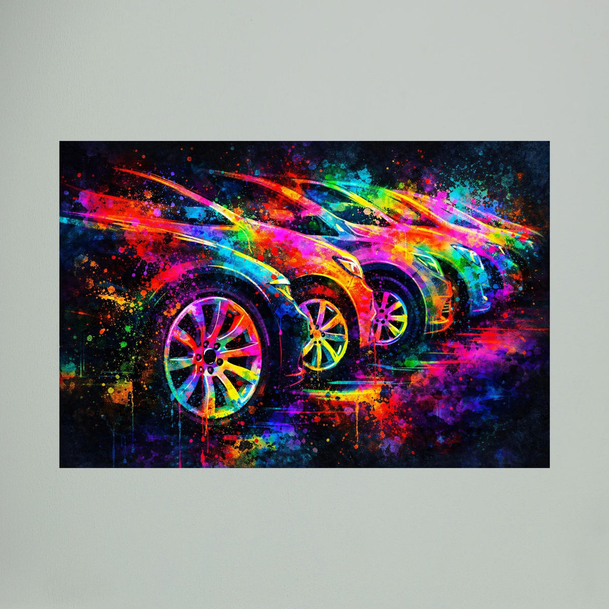 Wandposter im Querformat mit Sportwagen-Farbexplosion und vibrierenden Lichtspuren