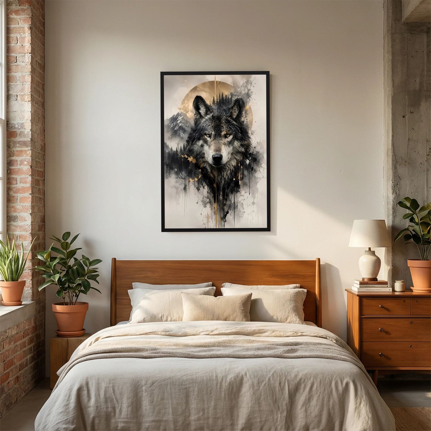 Gerahmtes Wolfposter mit schwarzem Rahmen, Wolfkopf in Dunkelgrau mit goldenen Spritzern