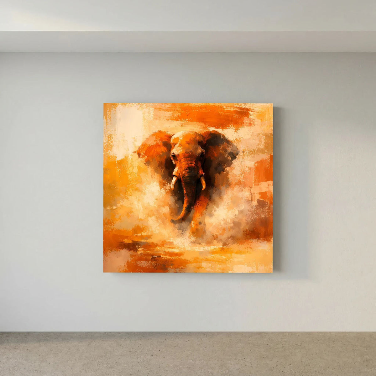 Leinwand Abstraktes Elefanten Gemälde | Modernes Kraftvolles Tier Wandbild Orange Ocker