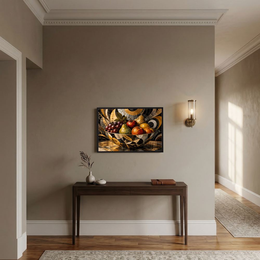 Gerahmtes Mosaik-Wandbild mit Obststillleben in Gold und Schwarz, Äpfeln, Birnen und Trauben