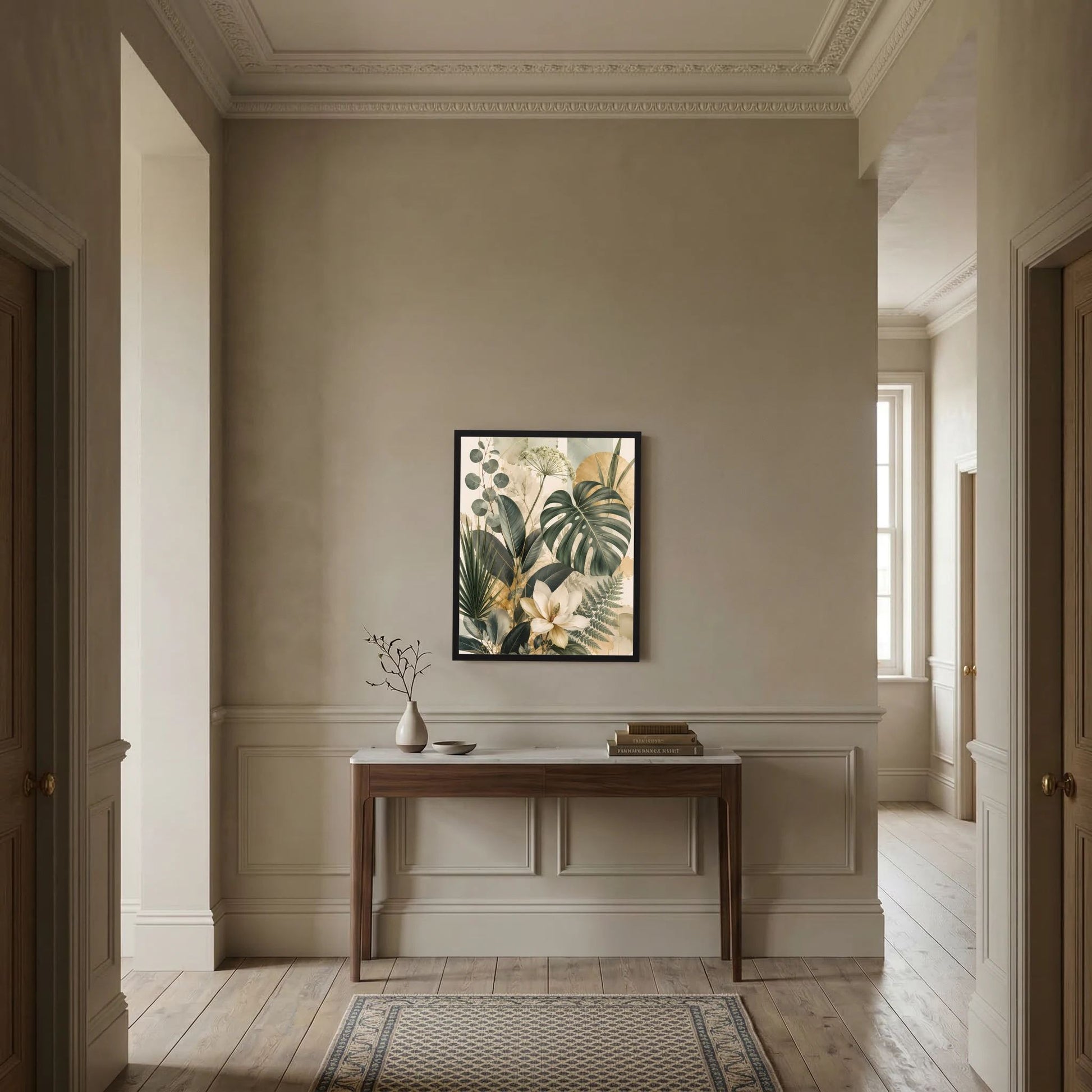 Gerahmtes Poster mit botanischem Blumen- und Blattmotiv in Grün und Gold, schwarzer Rahmen