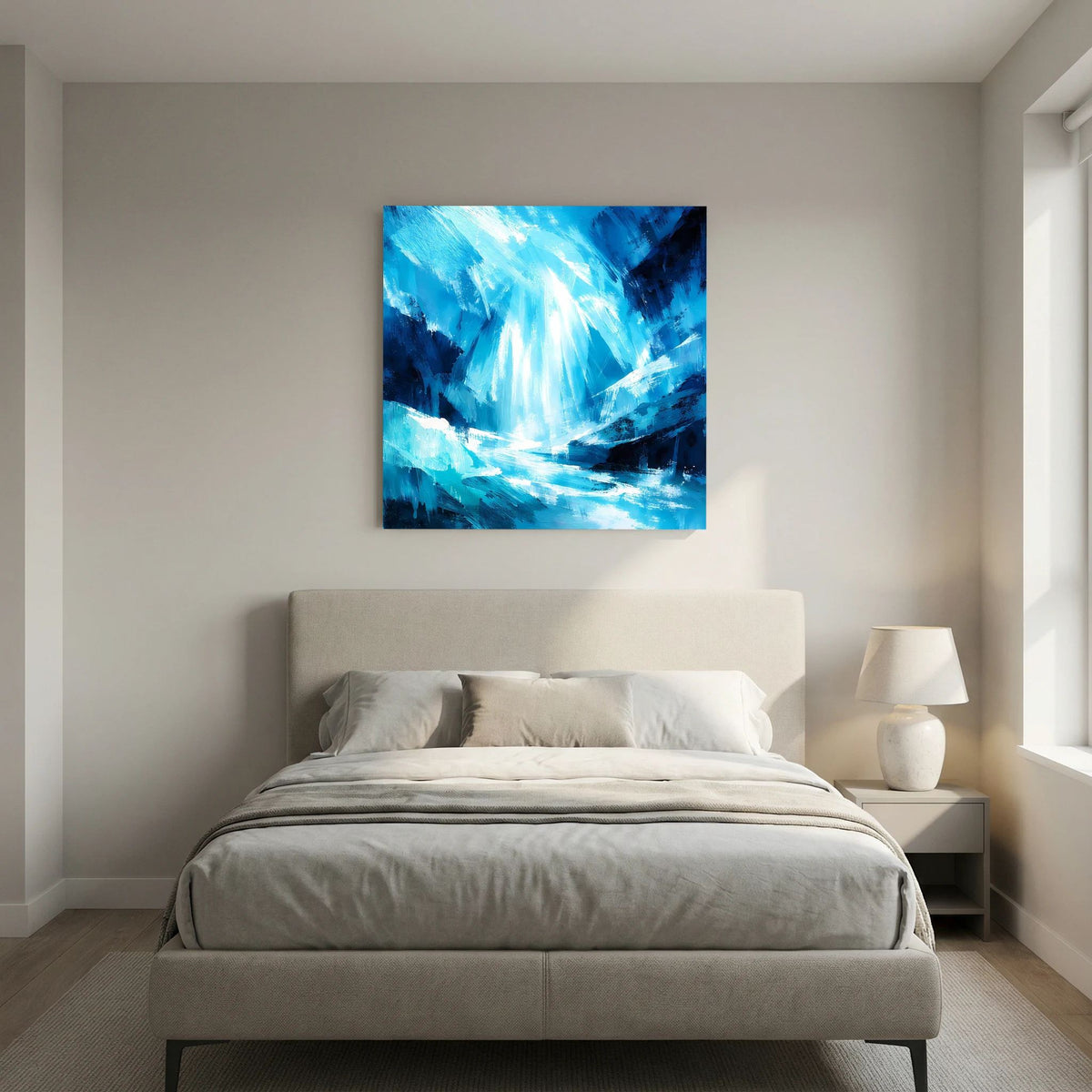 Blaues abstraktes Eiswasserfall-Leinwandbild mit hellen Lichtspuren und dunklen Schatten