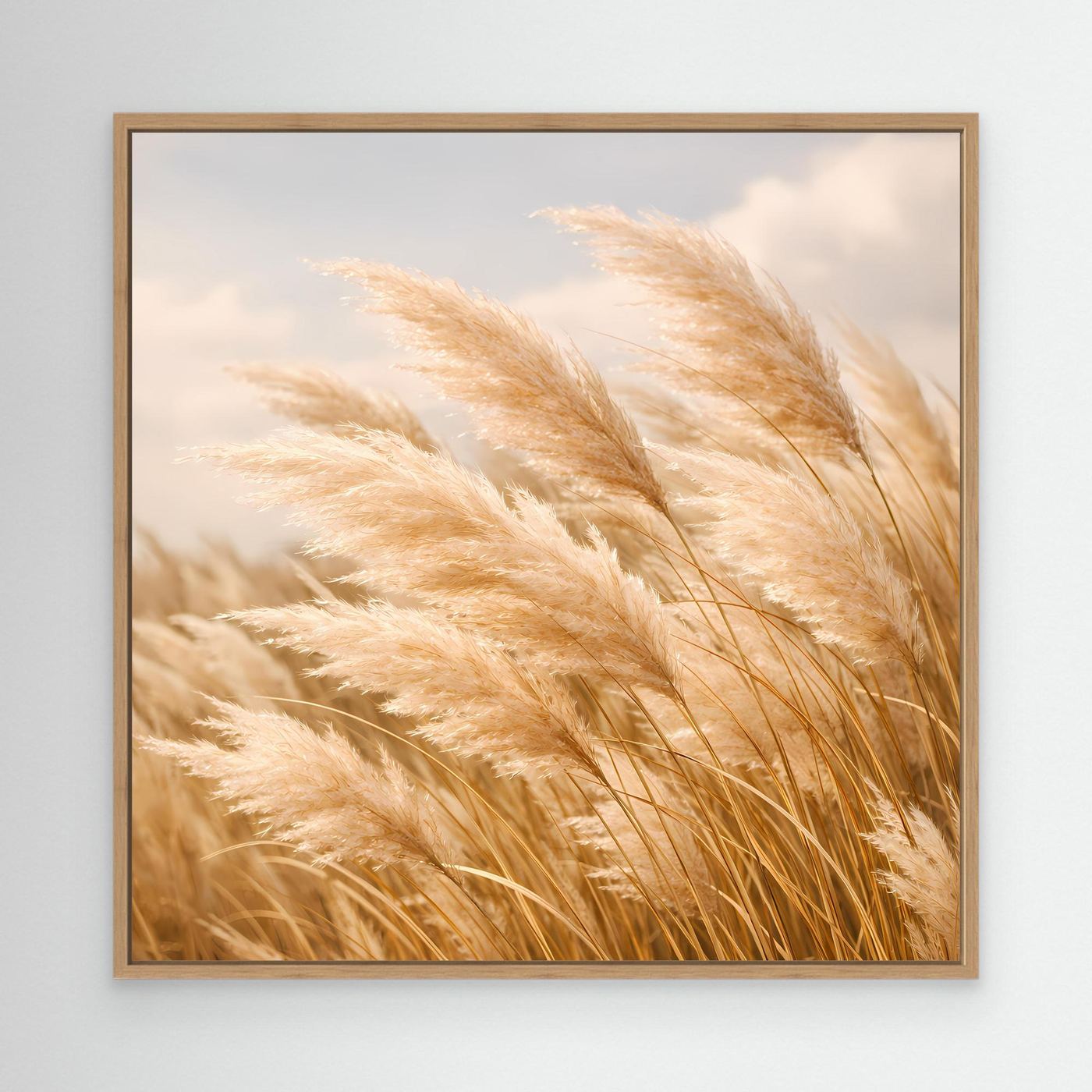 Leinwandbild mit Pampasgraswedeln in hellem Beige, quadratisch, Eichenrahmen