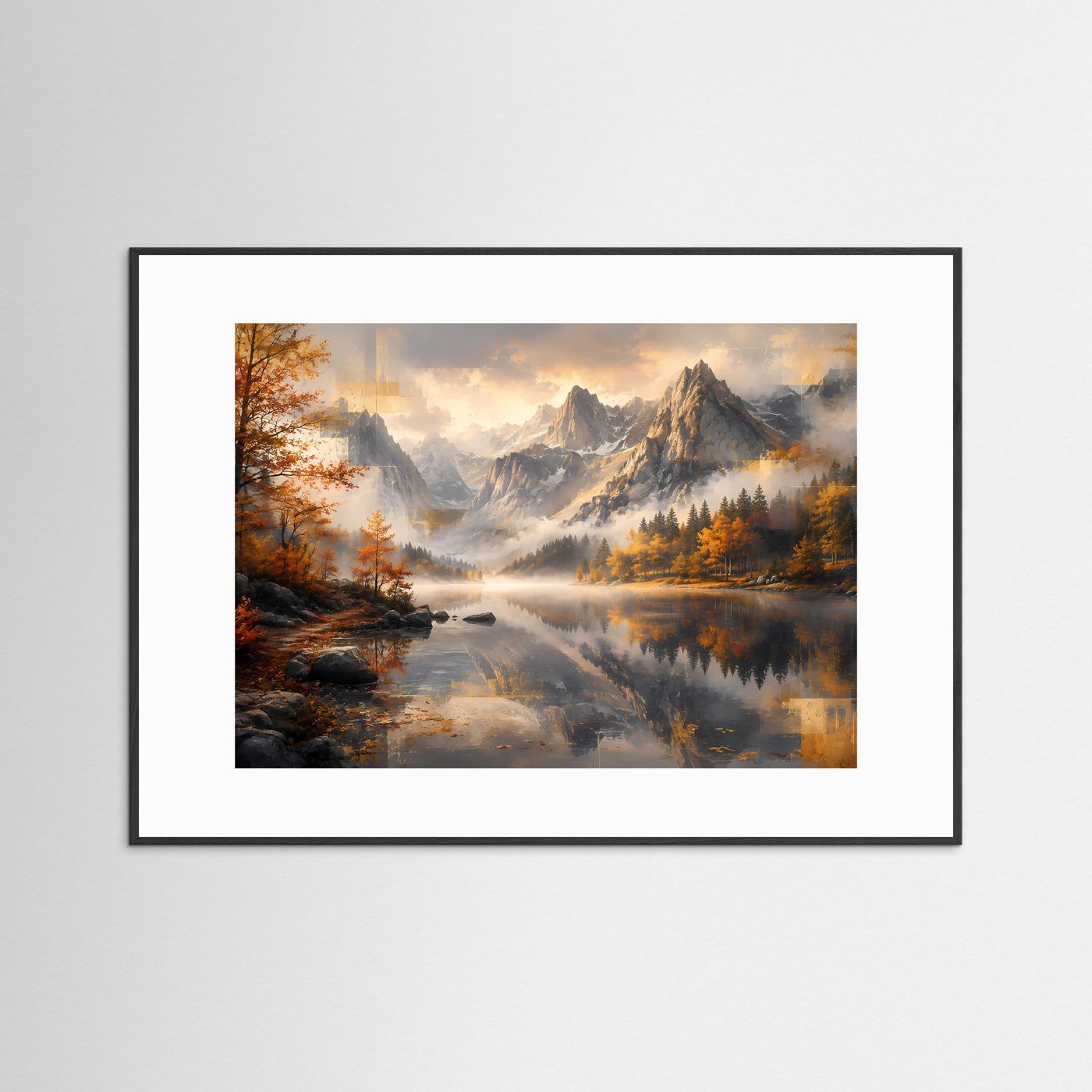 Poster im Querformat mit Berglandschaft und See; schwarzer Rahmen und weißes Passepartout