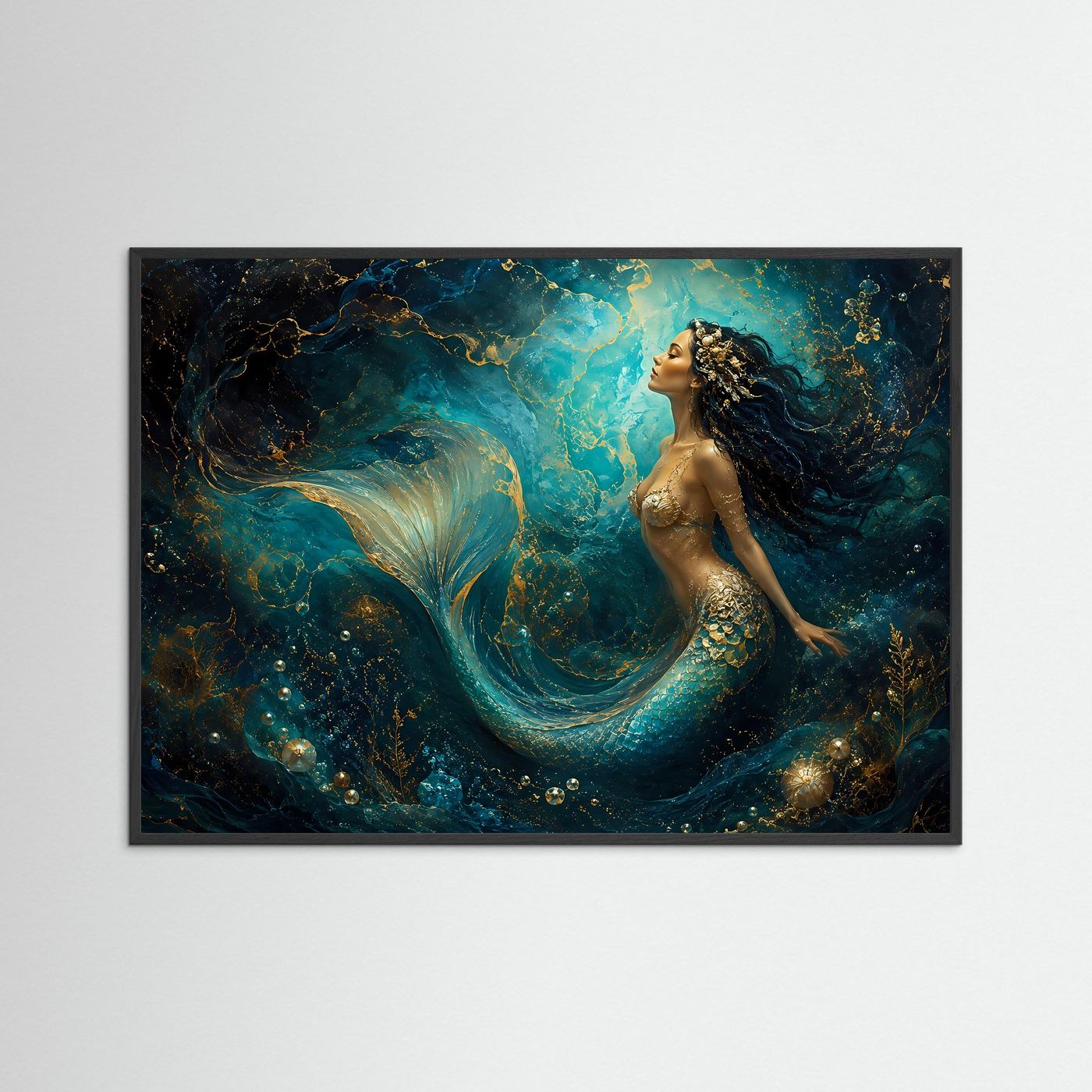Meerjungfrau Poster | Mystische Unterwasser Wandkunst | Elegante Fantasy Meerjungfrau mit Gold | Modernes Ozean Wandbild