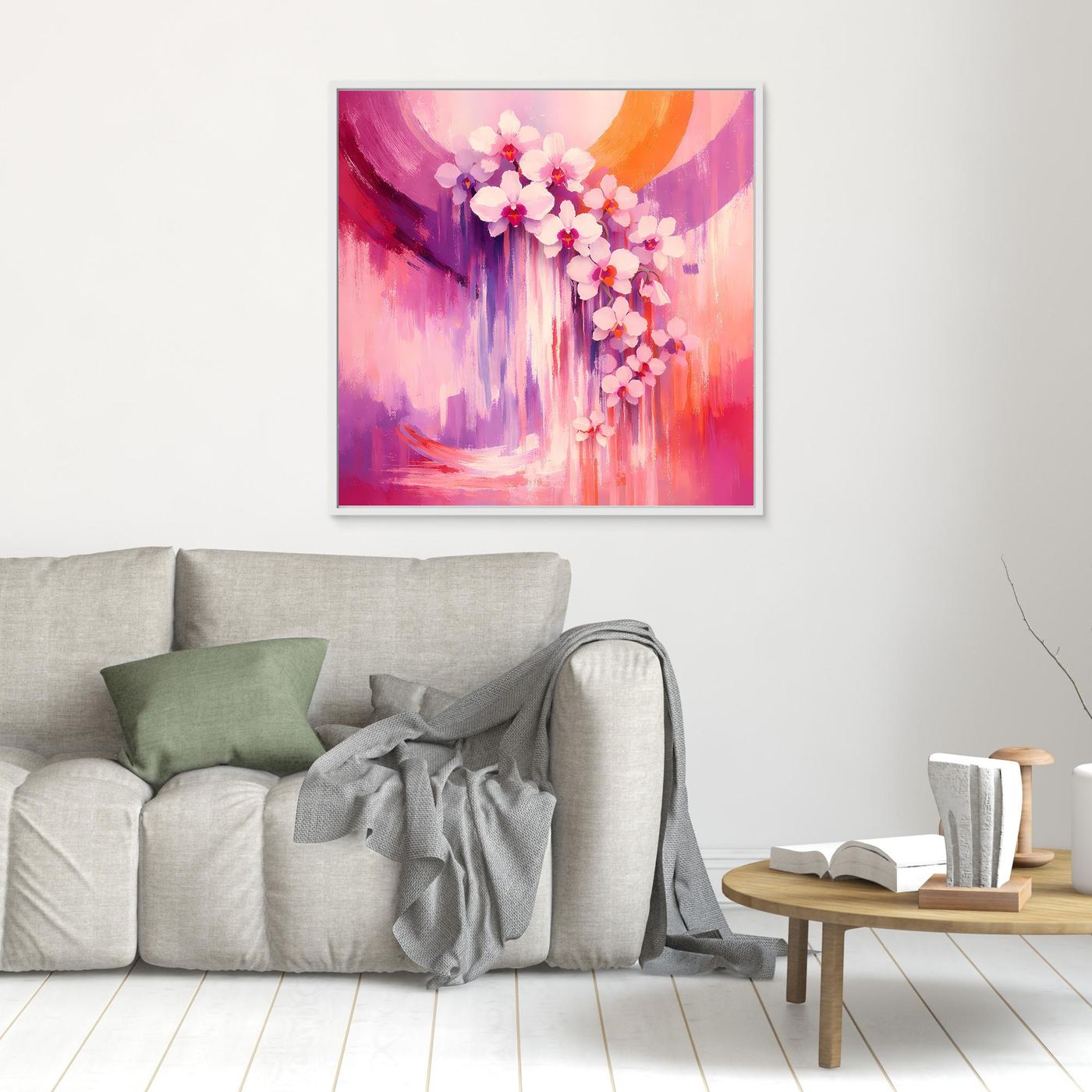 Abstraktes Orchideen-Wandbild, pink-violett, dünner heller Rahmen