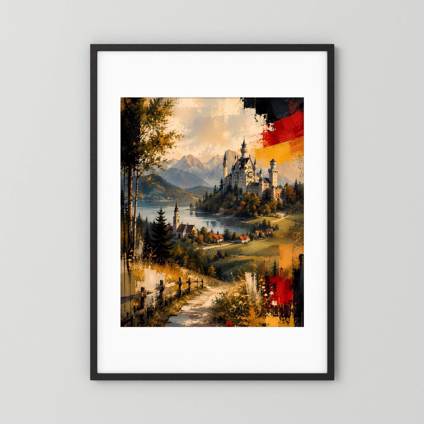 Kunstposter im Hochformat mit schwarzem Rahmen: abstrakte Landschaft mit Schloss, Bergen und rotem Farbfleck