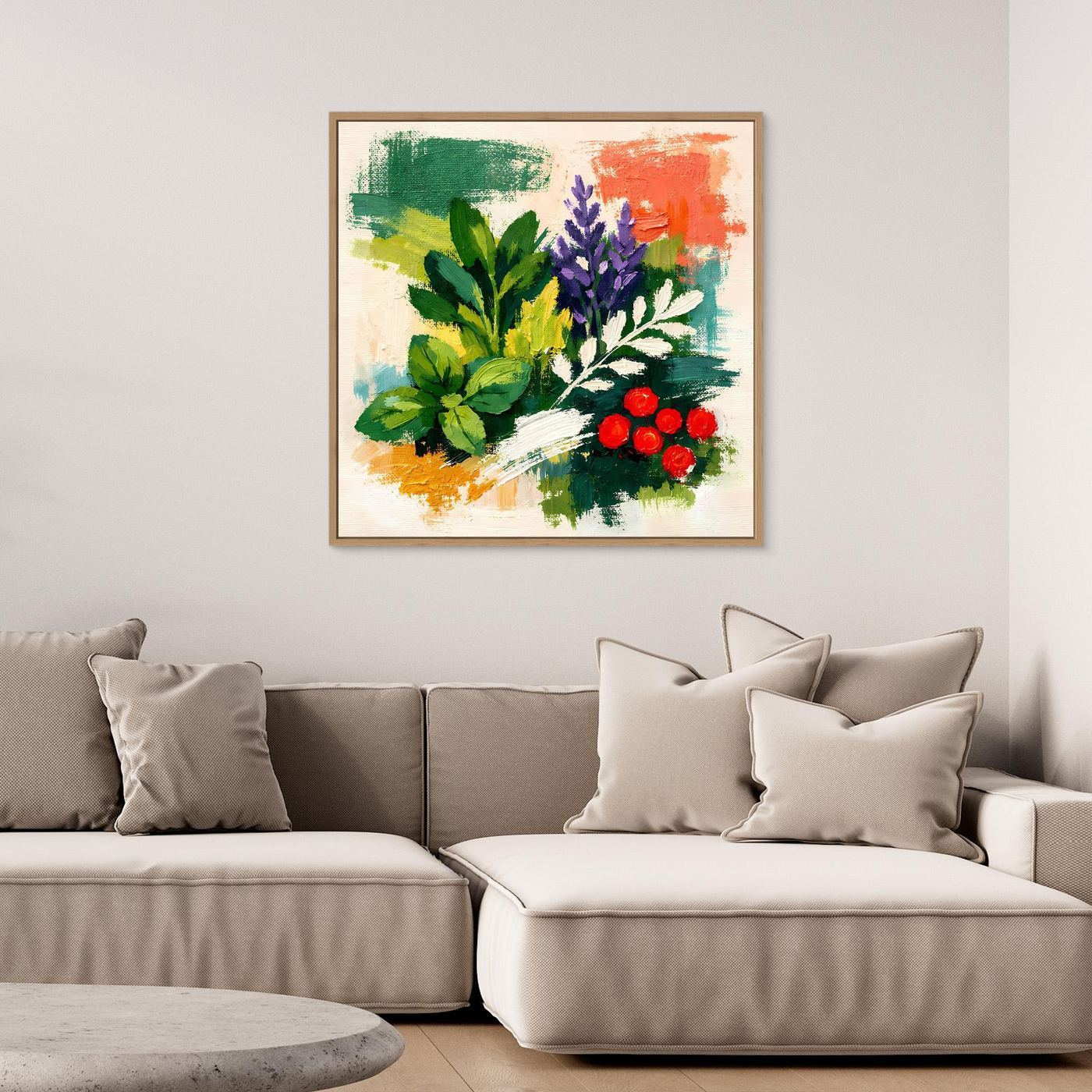 Abstract herb bouquet wall art, light wood frame, green leaves with red berry clusters