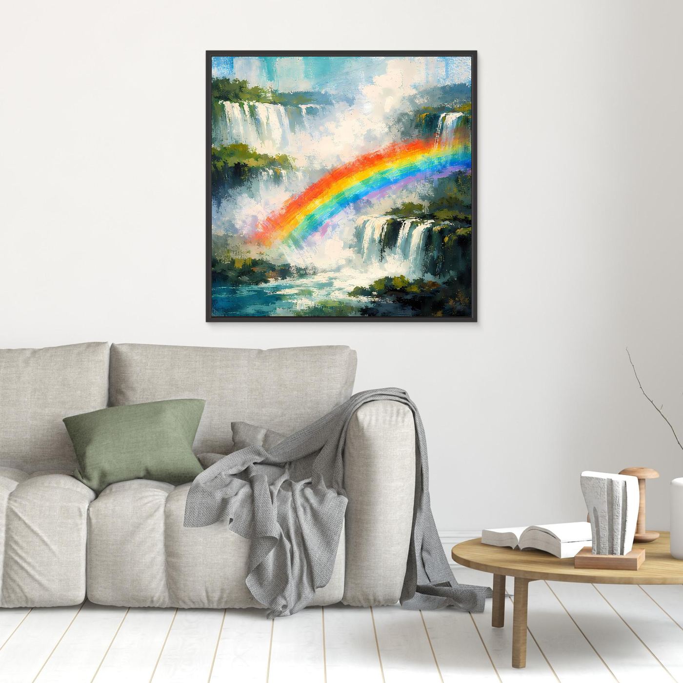 Abstraktes Wandbild mit Wasserfällen und Regenbogen, schwarz gerahmt