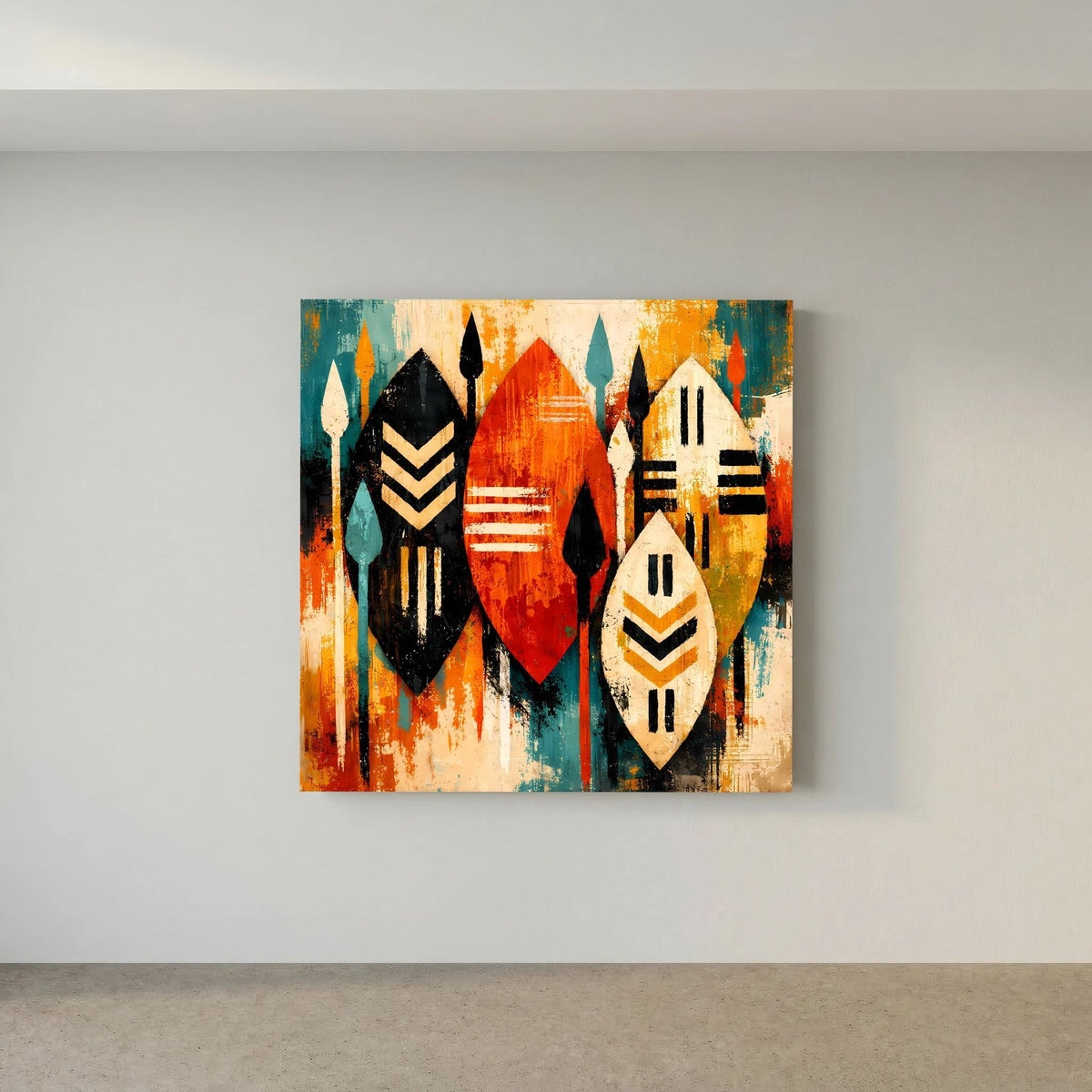 Leinwand-Wandbild mittig an der Wand: abstrakte Schilde und Speere, orangefarbene Akzente