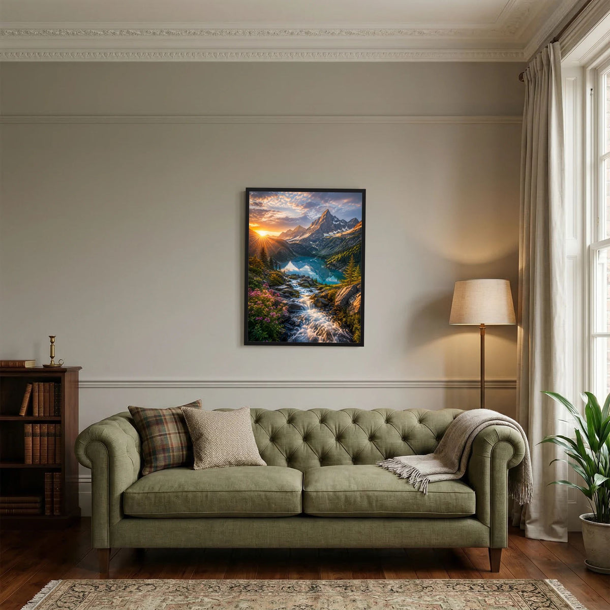Gerahmtes Wandposter im Querformat: Berge, Wasserlauf und leuchtender Sonnenuntergang
